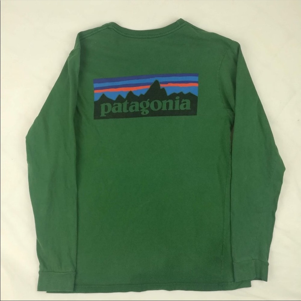 Mens Patagonia long sleeve t shirt, green, medium.